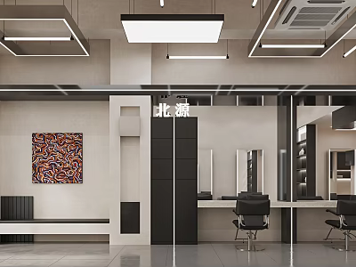 Modern Hair Salon Interior With Styling Stations Mirrors Chairs And Decorative Art 3d model