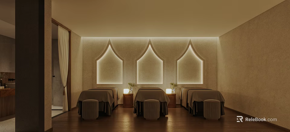 Serene Spa Treatment Room With Three Massage Beds Arched Lit Decor And Wooden Flooring 3d model 