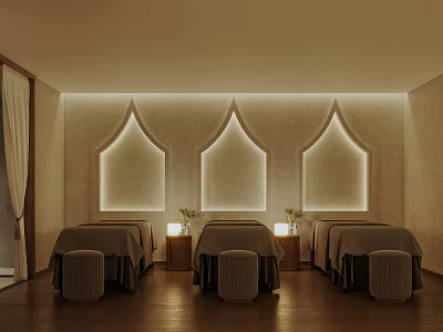 Serene Spa Treatment Room With Three Massage Beds Arched Lit Decor And Wooden Flooring 3d model