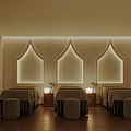 Serene Spa Treatment Room With Three Massage Beds Arched Lit Decor And Wooden Flooring