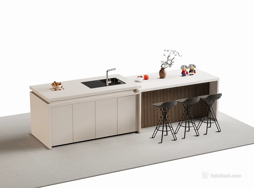 Modern Minimalist Bar Counter with White Countertop Sink Stylish Black Bar Stools And Decorative Vase 3d model 