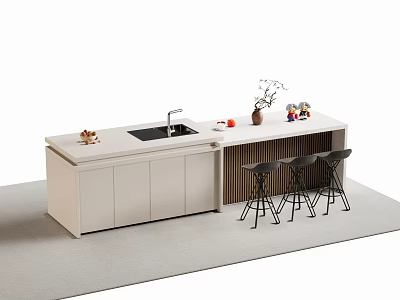 Modern Minimalist Bar Counter with White Countertop Sink Stylish Black Bar Stools And Decorative Vase 3d model