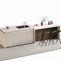 Modern Minimalist Bar Counter with White Countertop Sink Stylish Black Bar Stools And Decorative Vase