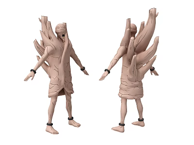Humanoid Character and Creature with Bark-like Texture Bound Limbs and Branch Structures 3d model
