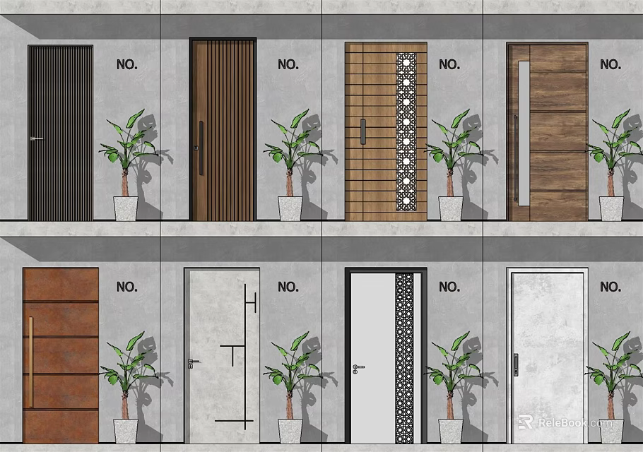 Various Home Swing Door Designs With Different Materials And Potted Plants 3d model