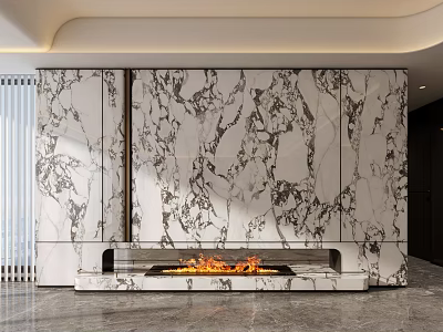 Modern Living Room Interior With Marble Feature Wall And Burning Fireplace Flames 3d model