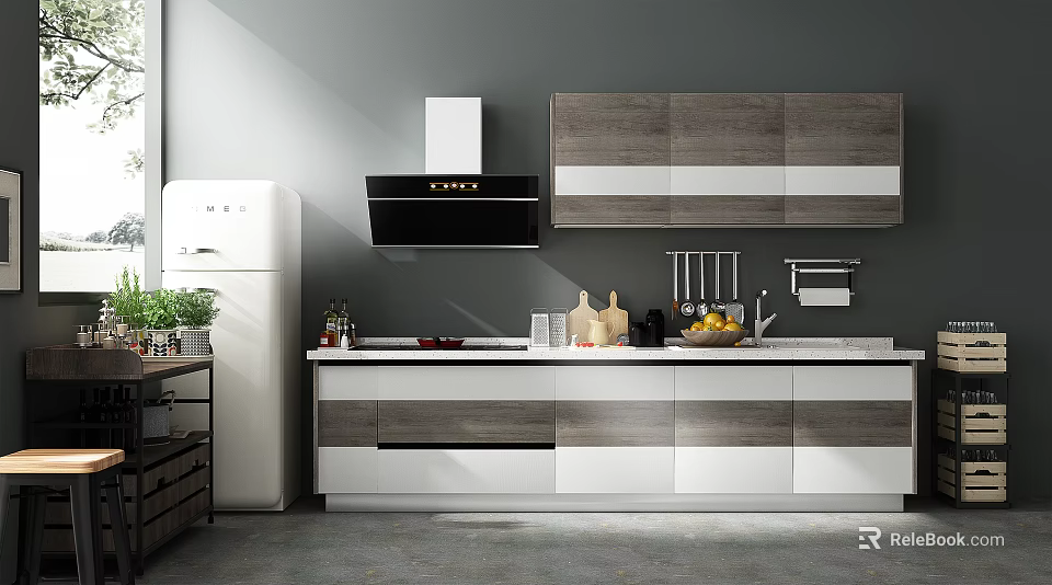 Modern Kitchen Interior With Gray And White Cabinets And Appliances Countertop Items 3d model 