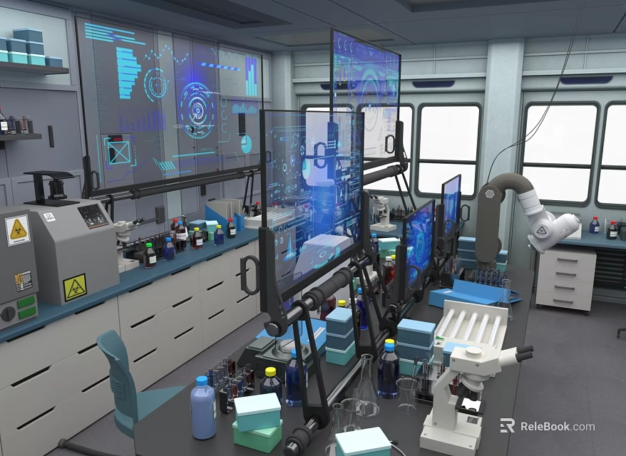 Modern Laboratory Setup With Multiple Displays Microscope Lab Equipment And Workbench Supplies 3d model 
