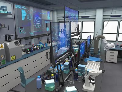 Modern Laboratory Setup With Multiple Displays Microscope Lab Equipment And Workbench Supplies 3d model