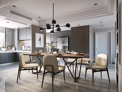 Modern Restaurant Interior With Wooden Dining Table Beige Chairs Black Chandelier And Decorative Painting 3d model