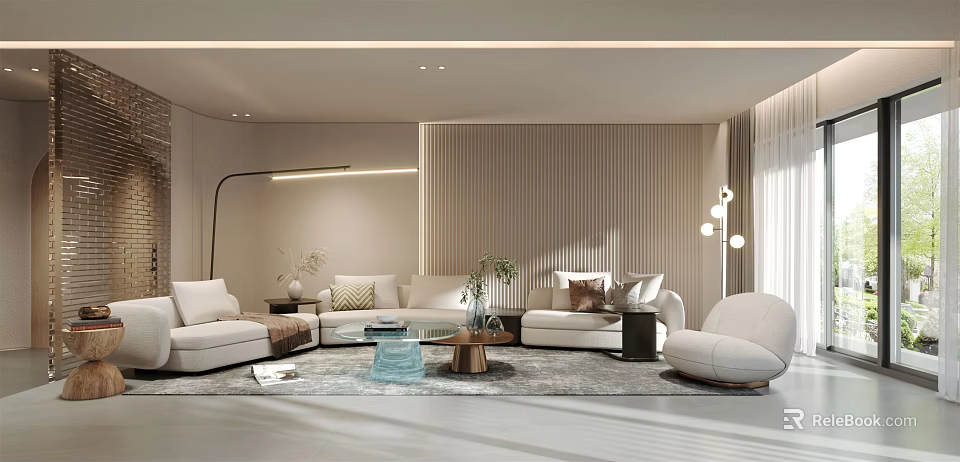 Modern Living Room Interior Design With Sofa Coffee Table Area Rug And Vertical Striped Wall 3d model 