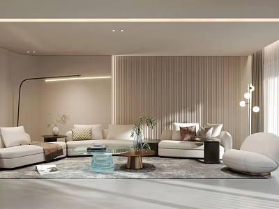Modern Living Room Interior Design With Sofa Coffee Table Area Rug And Vertical Striped Wall 3d model