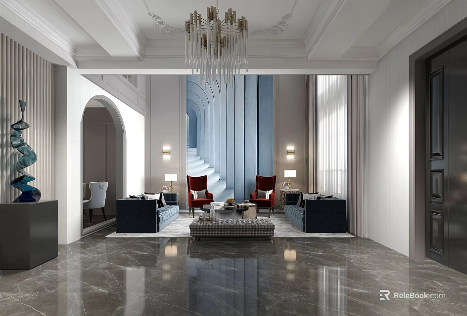 Modern Duplex Living Room Interior Design With Chandelier Staircase Sofas And Marble Floor 3d model 