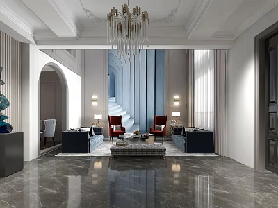 Modern Duplex Living Room Interior Design With Chandelier Staircase Sofas And Marble Floor 3d model