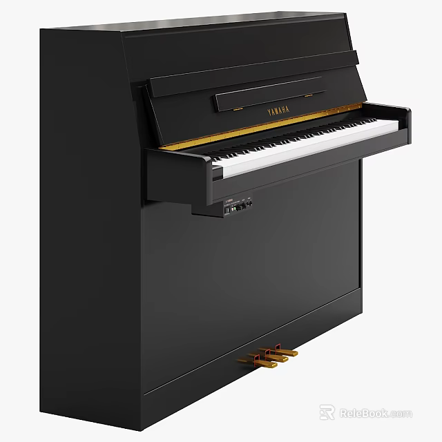 Elegant Black Upright Piano Musical Instrument Yamaha With White Keys And Golden Pedals 3d model 