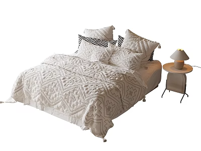 Cozy Kids Bed with Soft Quilt Pillows and Side Table Lamp 3d model