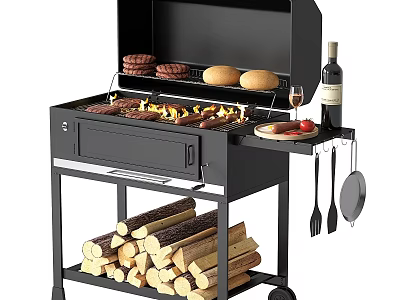 Outdoor Black Grill with Burgers Sausages and Bread Wine Bottle Firewood and Cooking Utensils 3d model