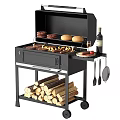 Outdoor Black Grill with Burgers Sausages and Bread Wine Bottle Firewood and Cooking Utensils