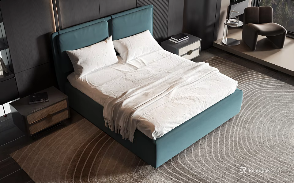 Double Bed With Teal Headboard White Bedding Nightstands And Rug In Modern Bedroom 3d model 