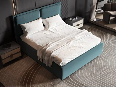 Double Bed With Teal Headboard White Bedding Nightstands And Rug In Modern Bedroom 3d model