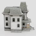 European Style Architecture Featuring White Exterior Gray Gabled Roof Multiple Windows And Front Porch Stairs