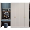 Modern Wardrobe With Multiple Doors Round Mirror And Hanging Clothes Storage 3d model