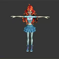 Child 3D Character with Red Long Hair Blue White Striped Top Blue Skirt Arms Outstretched