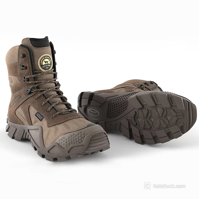 Brown High Top Outdoor Boots With Leather Mesh Upper Thick Non Slip Treaded Sole 3d model 