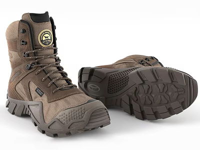 Brown High Top Outdoor Boots With Leather Mesh Upper Thick Non Slip Treaded Sole 3d model