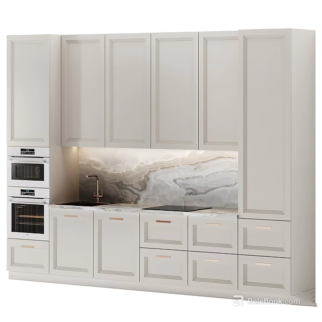 Sleek Modern White Kitchen Cabinets With Marble Backsplash Built in Ovens And Sink 3d model 