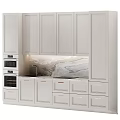 Sleek Modern White Kitchen Cabinets With Marble Backsplash Built in Ovens And Sink