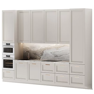 Sleek Modern White Kitchen Cabinets With Marble Backsplash Built in Ovens And Sink 3d model