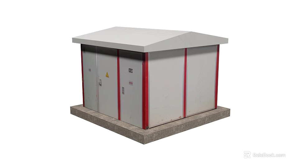 Outdoor Industrial Electrical Equipment Enclosure With White Steel Body And Red Frames 3d model 