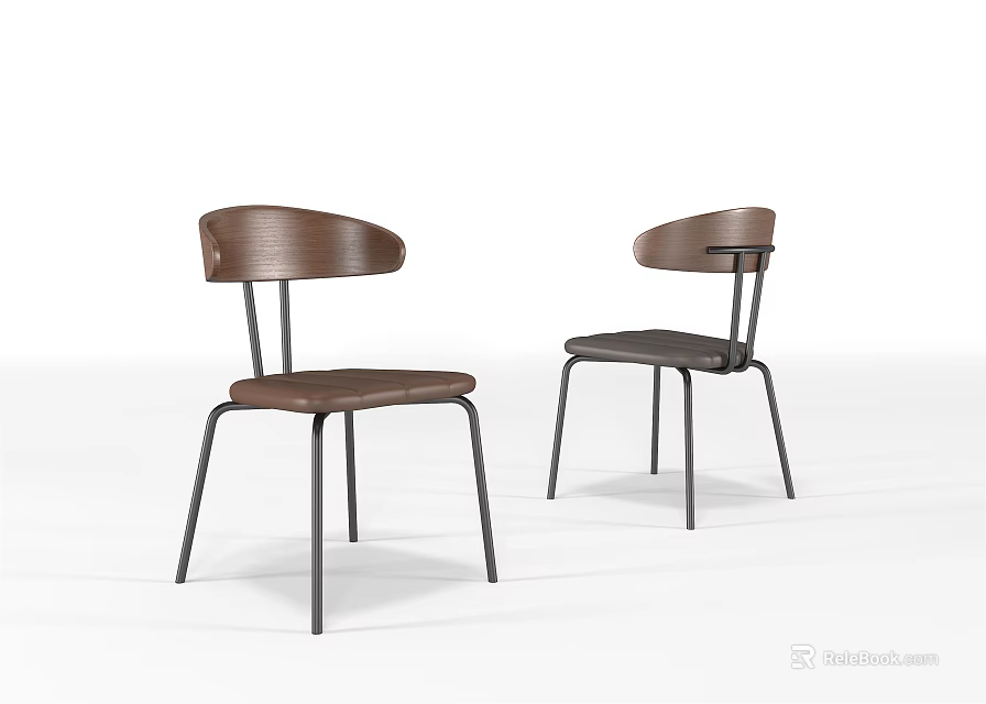 Modern Dining Chairs With Curved Wooden Back And Black Metal Legs 3d model 