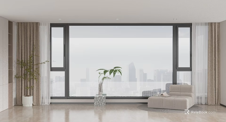 Spacious Floor to Ceiling Windows with City View Beige Sofa Green Plant and Wooden Floor 3d model 