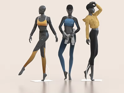 Three Decorative Mannequin Figurine Set With Various Poses Different Colored Outfits And White Bases 3d model