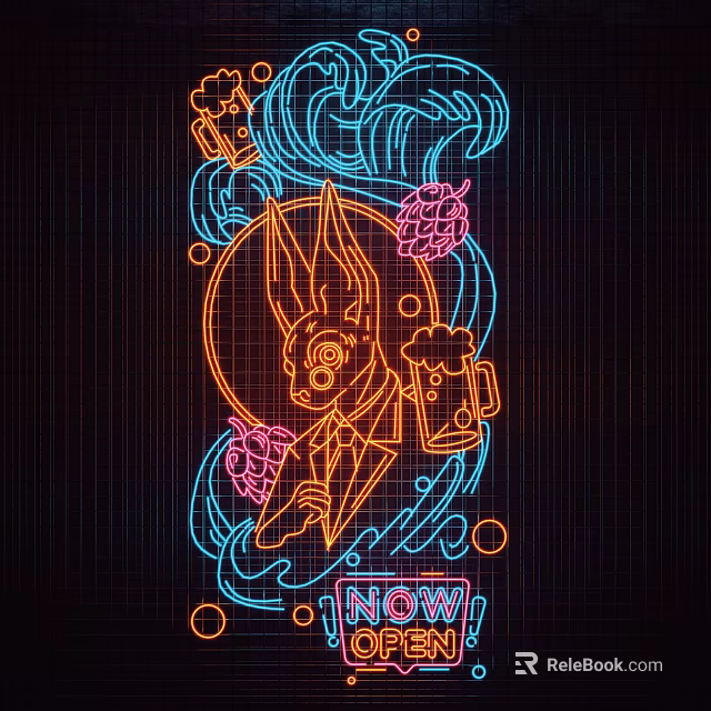 Blue And Orange Neon Decorative Lights With Rabbit Figure Beer Mug And Wave Patterns 3d model 