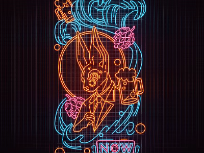 Blue And Orange Neon Decorative Lights With Rabbit Figure Beer Mug And Wave Patterns 3d model