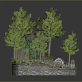 Cartoon Scene Featuring Green House Trees Stone Wall Small Shed And Garden Area