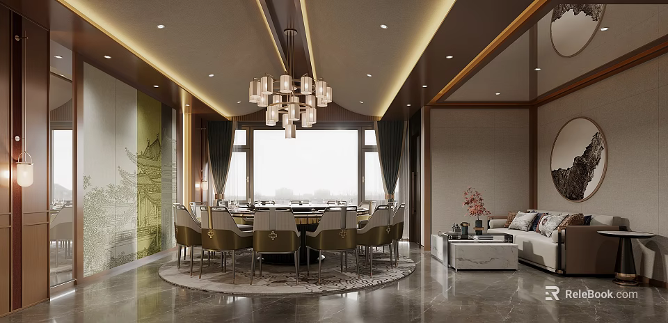 Private Dining Room Interior With Round Dining Table Gold Chairs Large Windows And Chandelier 3d model 