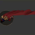 Man in Superhero Costume with Red Cape Blue Bodysuit and Golden Accents Standing on Base