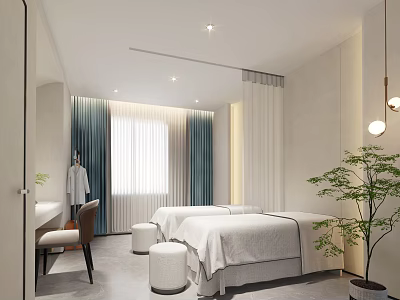 Minimalist Modern SPA Room Interior With Two Massage Beds Curtains Plant And Mirror 3d model