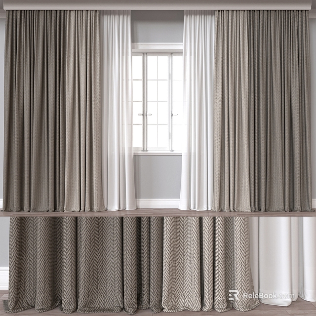 Modern Elegant Window Curtain Design With Beige Linen And White Sheer Layers 3d model 