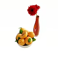 Fresh Ripe Apricots in White Bowl with Halved Fruit and Red Vase with Flowers