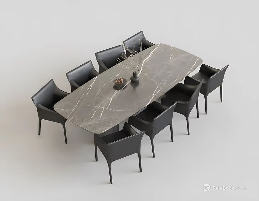 Modern Dining Table Set with Marble Top Black Chairs and Decorative Centerpiece 3d model
