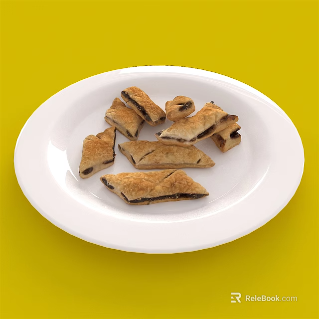 Freshly Baked Triangular Puff Pastries with Fruit Filling on White Plate Over Yellow Background 3d model 