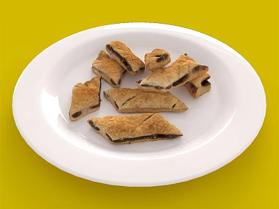 Freshly Baked Triangular Puff Pastries with Fruit Filling on White Plate Over Yellow Background 3d model
