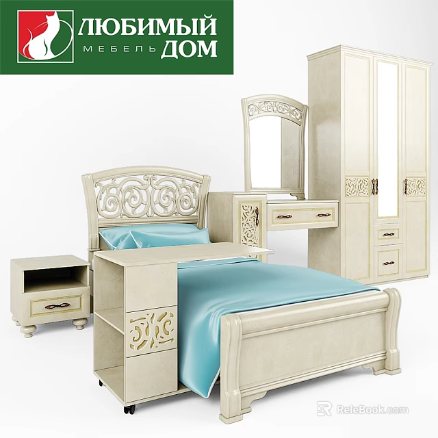 Ornate Kids Bed Set with Carved Details Blue Mattress Nightstand Dresser and Wardrobe 3d model 