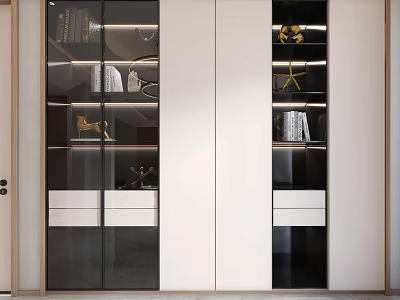 Modern Black And White Bookcase With Glass Doors LED Lighting Drawers And Open Shelves 3d model