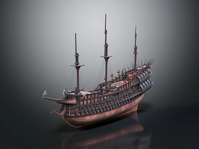 Cartoon Scene Of A Sailing Ship With Three Masts Brown Hull And Red Decorative Details 3d model